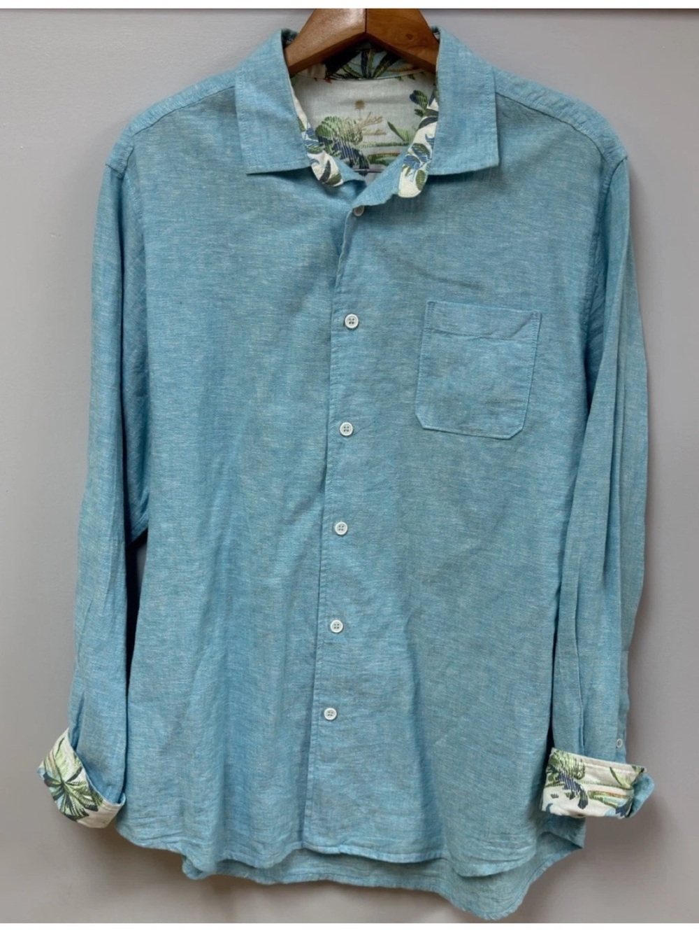 Paradise Collection Shirt Mens Handsome Blue Linen/Cotton Blend Size L